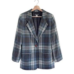 Vintage Savannah Tartan Plaid Wool Blend Notch Collar Blazer Jacket Blue Grey 6